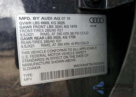 2018 Audi Q7 Prestige z USA, uszkodzony, nr VIN WA1VAAF78JD053952